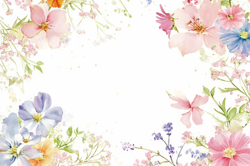 A floral frame with colorful flowers placed on a clean white background, ideal for greeting cards for Mothera??s Day or springtime celebrations.