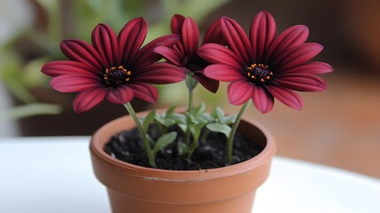 Naklejka premium Stunning Dark Red Osteospermum Flowers in Terracotta Pot