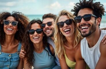 Group of friends laughing outdoors. They are happy and relaxed. Wearing sunglasses. Likely at a beach or seaside location. Enjoying vacation. Summer or warm weather. Positive and friendly vibes.