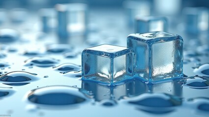 Fresh ice cubes stacked and melting on a reflective surface with water droplets	