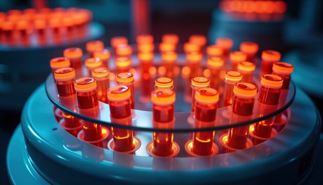 Futuristic lab equipment holds many test tubes with glowing red liquid. Modern biotech research apparatus shows ongoing analysis. Automated process for developing innovative healthcare solutions