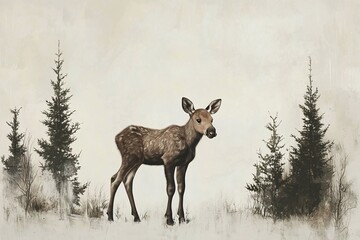 Young deer standing amidst snow-covered ground and evergreen trees in a serene winter landscape