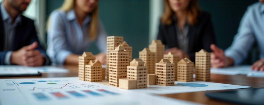 Real estate developers meet around table. City models on paper with charts. Strategy discussion. Urban planning. Property value analysis. Investment forecast. Innovation, infrastructure. Residential,
