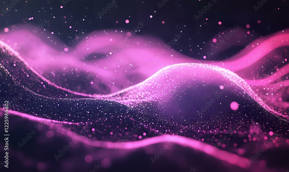 Poster abstract pink glowing waves with sparkles and particles flowing on dark background create magical at