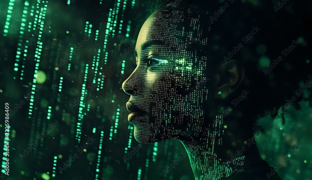 Aufkleber profile view of young african american woman with digital matrix code projection on face against dar