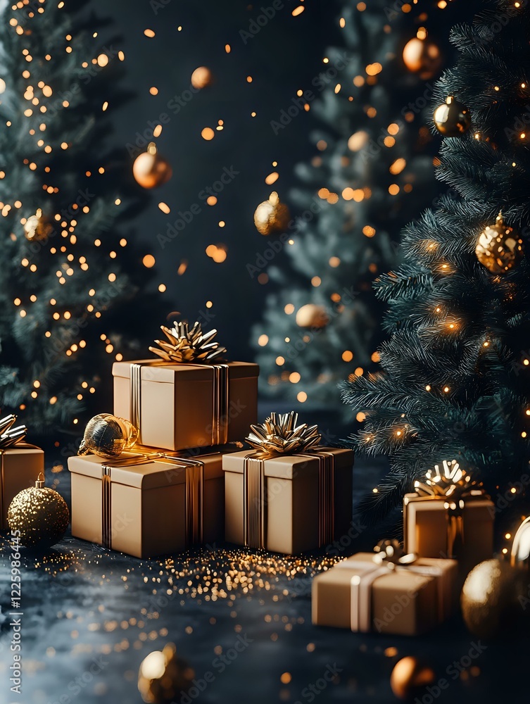 Poster elegant gold wrapped presents with bows against dark christmas tree background with glowing bokeh li