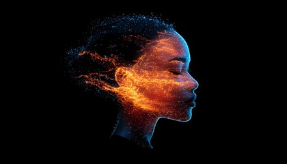 Obraz premium Female profile silhouette with glowing orange and blue particle effect against black background, representing transformation and inner energy.