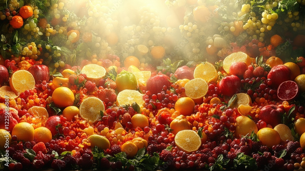 Wall mural Vibrant assortment of fresh fruits illuminated by sunlight, creating a colorful display in nature