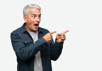 Surprised senior man with gray hair wearing casual denim jacket, pointing with both hands to the side with shocked facial expression, isolated on white background