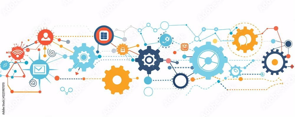 Aufkleber modern flat design template with connecting gears illustrating business communication and technology