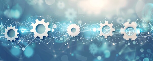 White cogwheels are connecting with lines on blue background, symbolizing innovative technology in business
