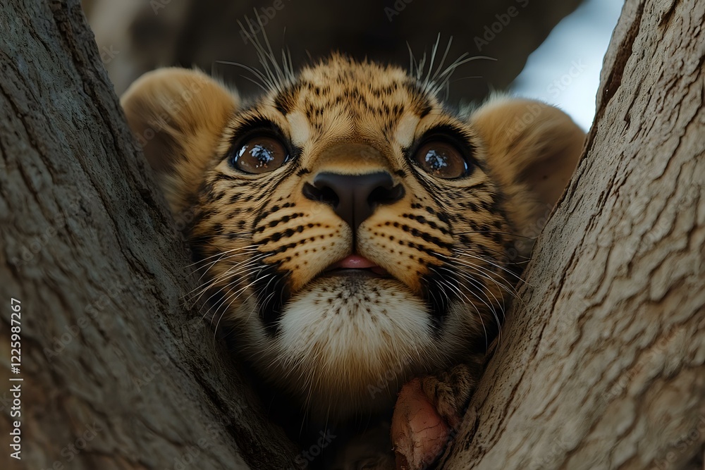 Poster close-up portrait of curious leopard cub looking up while resting in tree fork, showing detailed spo