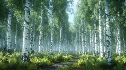 Misty Birch Forest Path: A Serene Summer Morning