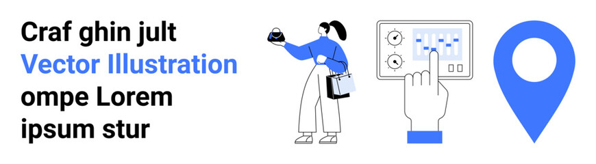 Woman holding small bag and tablet while interacting with map interface. Large location icon nearby. Ideal for navigation, travel, delivery, logistics, tracking, route planning, flat landing page