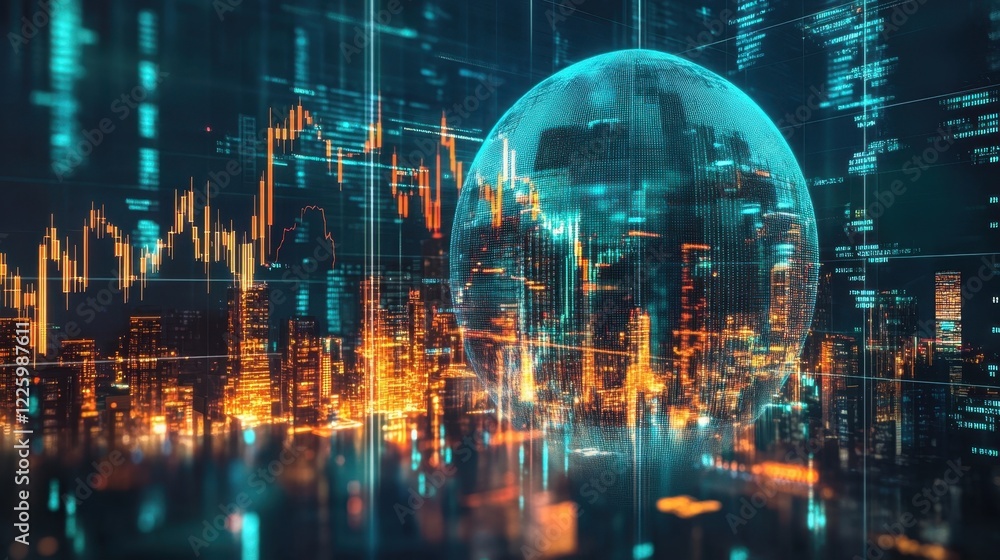Aufkleber global business and stock market data analyzing trading graph over the city skyline with futuristic 
