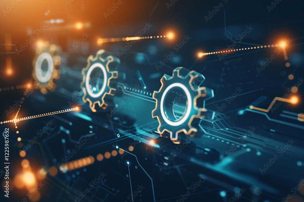 Fototapete 3d rendering of gears representing teamwork and collaboration on a circuit board backdrop
