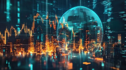 Fototapeta premium Global business and stock market data analyzing trading graph over the city skyline with futuristic digital number and code analyzing finance and economy big data background