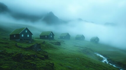 Misty Mountainside Village: Enchanting Faroese Houses
