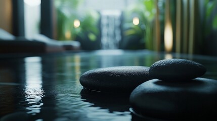 Peaceful spa ambiance with smooth stones and calming waterfall backdrop