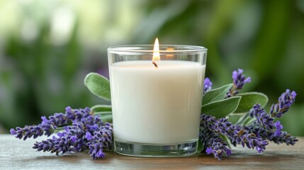 Scented candle with lavender flowers on wooden surface indoors