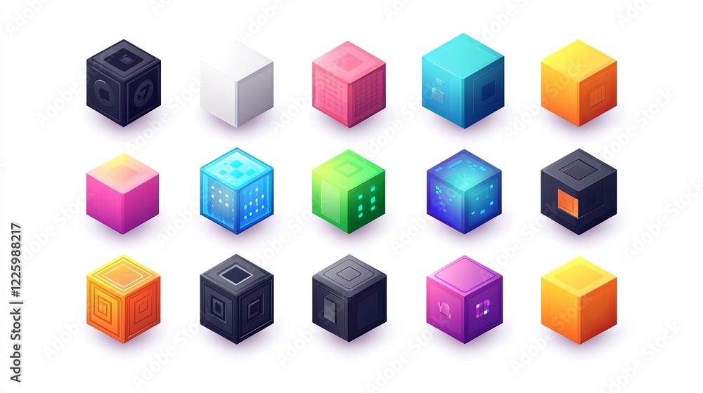 Poster a set of digital cubes arranged in perspective, forming a 7x7 grid. the graphic object is composed o