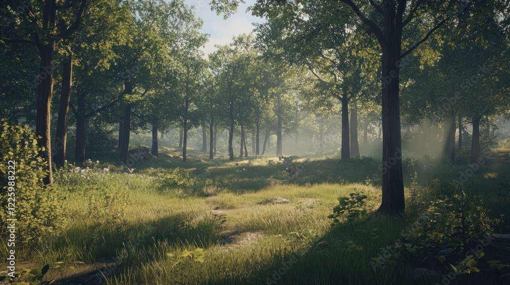 Poster sunlight filters through the trees in a peaceful forest scene with a grassy path