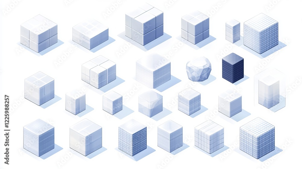 Poster a set of digital cubes arranged in perspective, forming a 7x7 grid. the graphic object is composed o