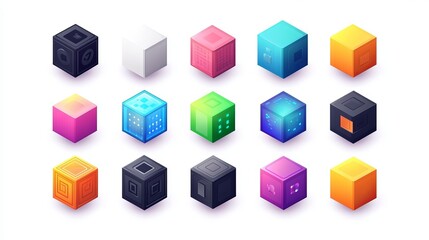A set of digital cubes arranged in perspective, forming a 7x7 grid. The graphic object is composed of smaller isometric cubes, creating a 3D geometric figure icon.