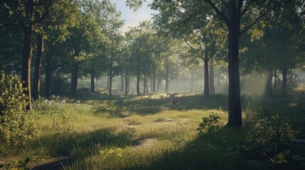 Fototapeta premium Sunlight filters through the trees in a peaceful forest scene with a grassy path