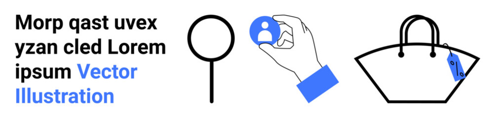 Hand holding profile icon for identification, magnifying glass for search, handbag representing shopping. Ideal for identity, profile setup, search tools, shopping, retail, recruitment technology