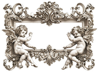 Cherubic Figures Framed by Intricate Ornamental Design in Classic Art Style Suitable for Decorative Pieces - Vintage Illustration, Isolated on White Transparent Background, PNG