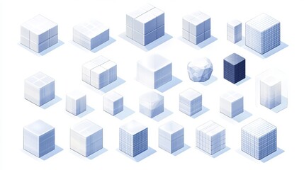 A set of digital cubes arranged in perspective, forming a 7x7 grid. The graphic object is composed of smaller isometric cubes, creating a 3D geometric figure icon.