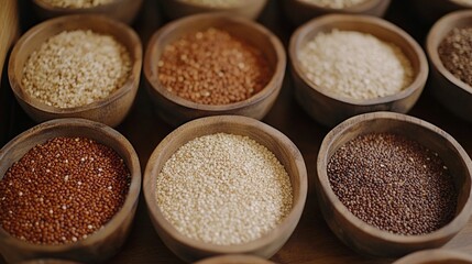 Assorted quinoa varieties in wooden bowls displayed neatly