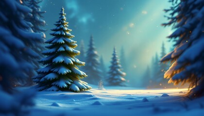Enchanted Winter Forest: A Snow-Covered Christmas Tree in a Magical Night