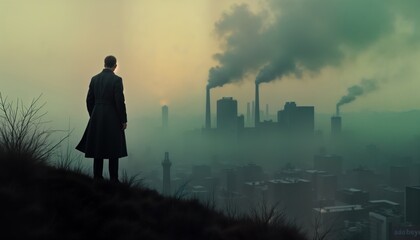 Fototapeta premium Solitary figure gazes at shrouded cityscape. Foggy urban landscape with dark industrial buildings. Gloomy atmosphere with smoke from factories. Vintage style art photo. Artwork. Eerie mood.