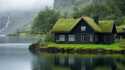 Obraz premium Serene Lakeside Cottage with Verdant Roof in Iceland