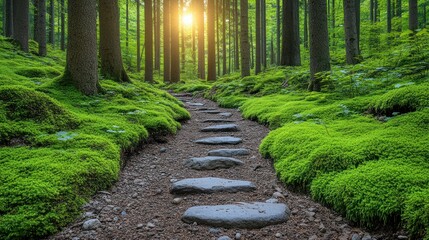 Sunlit Forest Path: A Serene Stroll Through Mossy Woods