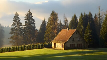 Secluded Stone House in Sunny Forest Landscape