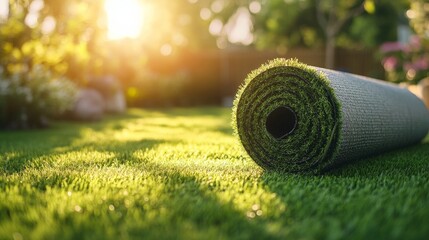 rolled green artificial grass in a backyard