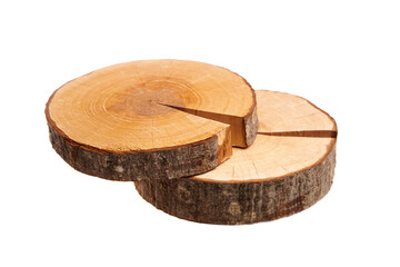 Two stacked wooden slices with visible tree rings, natural bark, and cracks. Ideal for rustic decor, crafts, photography props, or eco-friendly product displays