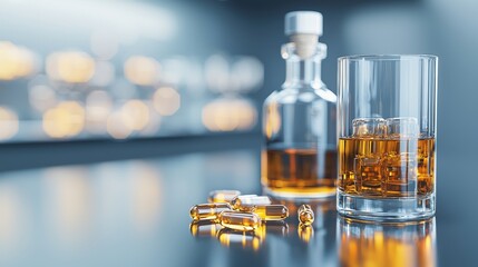 Tablets and alcohol bottles juxtaposed on a reflective surface, evoking the contrast between danger and hope in addiction recovery