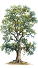 Majestic Oak Tree Showcasing Vibrant Green Leaves in a Serene Natural Setting During Daytime - Vintage Illustration, Isolated on White Transparent Background, PNG