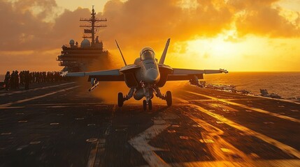 Sunset Takeoff: F/A-18 Super Hornet Launching from Aircraft Carrier