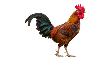 Fototapeta premium A close-up of a rooster crowing with its beak wide open on a white background