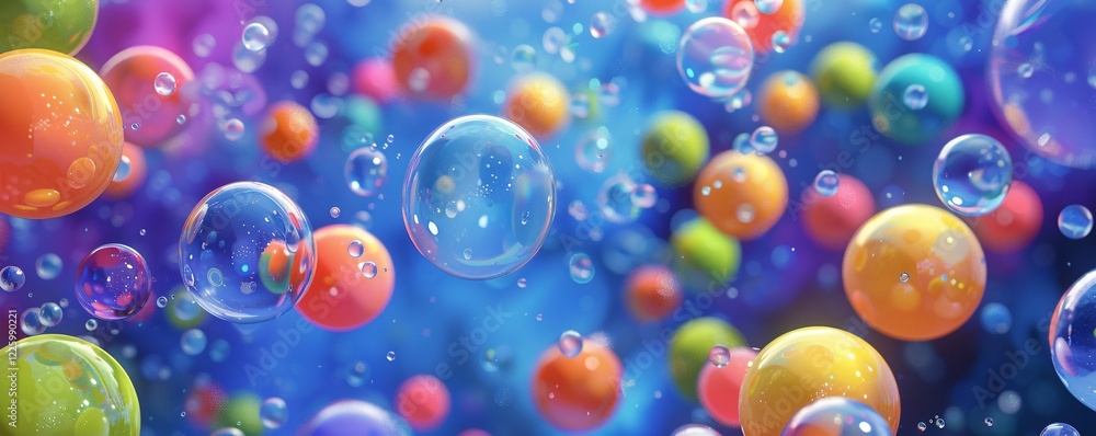 Poster blue liquid with colorful bubbles floating in an abstract background
