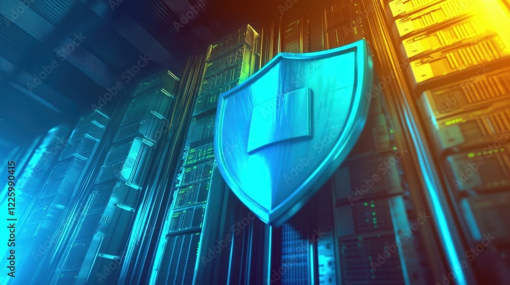 Poster digital shield symbolizing cybersecurity and data protection in a server room