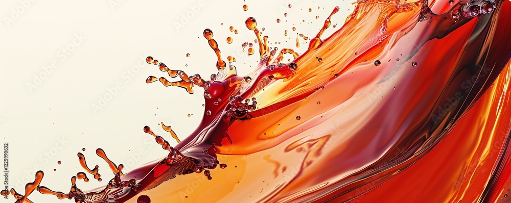 Poster Shiny red liquid splashing and making abstract shapes on a light background