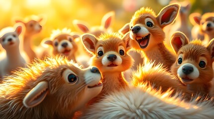 Fototapeta premium Bright vibrant colors, warm golden hour light, cute animals, soft light, lively and energetic scene, detailed fur textures