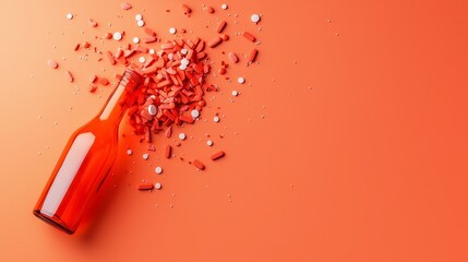 Vibrant composition of a shattered liquor bottle and scattered pills, symbolizing breaking free from addiction