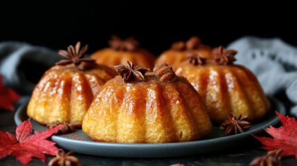 Delicious Autumnal Spiced Rum Cakes Garnished with Star Anise and Autumn Leaves